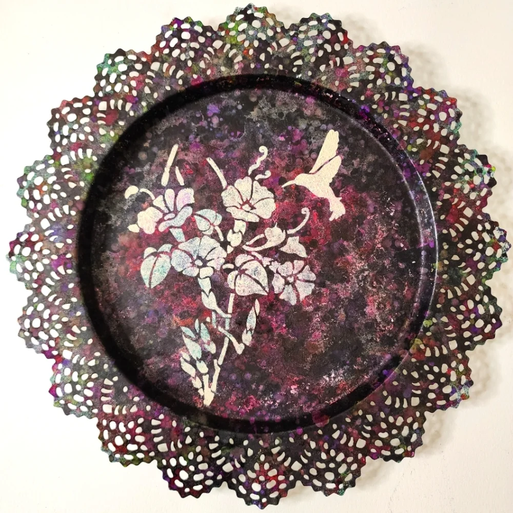 HANDCRAFTED Upcycled Metal Tray HANDPAINTED Tabletop Art Decor Floral Artwork
